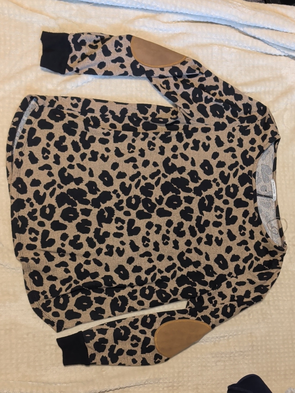 Pink Clover Tan and Black Leopard Crewneck Sweater with Suede Elbow Patches